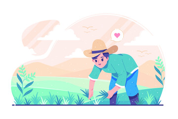 Obraz na płótnie Canvas farmer planting in rice fields illustration background