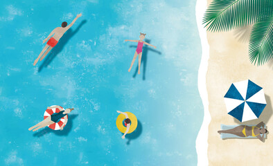 海水浴ビーチの人々水彩画