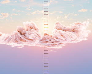 A surreal concept of a regular aluminium ladder pushing through a fluffy cloud on a peach sky background - 3D render - obrazy, fototapety, plakaty
