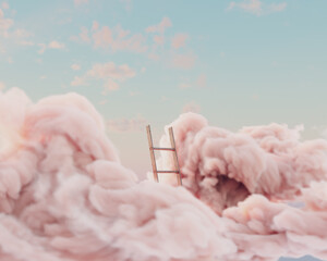 A surreal concept of a regular aluminium ladder pushing through a fluffy cloud on a peach sky background - 3D render - obrazy, fototapety, plakaty