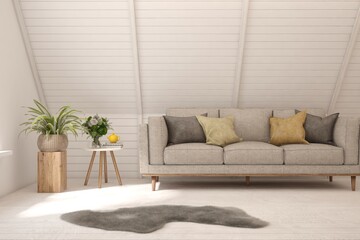 White living room with sofa. Scandinavian interior design. 3D illustration