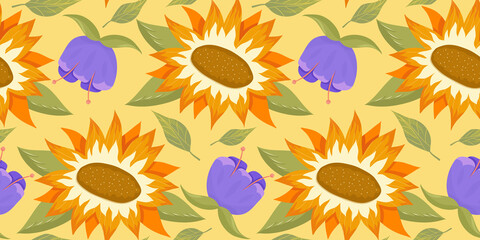 Fototapeta na wymiar Sunflower seamless pattern with flower, leaf. Cartoon yellow illustration. Floral seamless pattern. Summer bright floral design. Vector illustration.