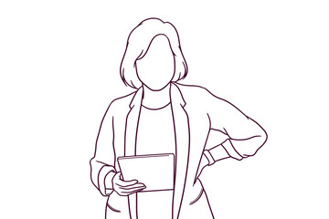 hand drawn business woman using tablet illustraton