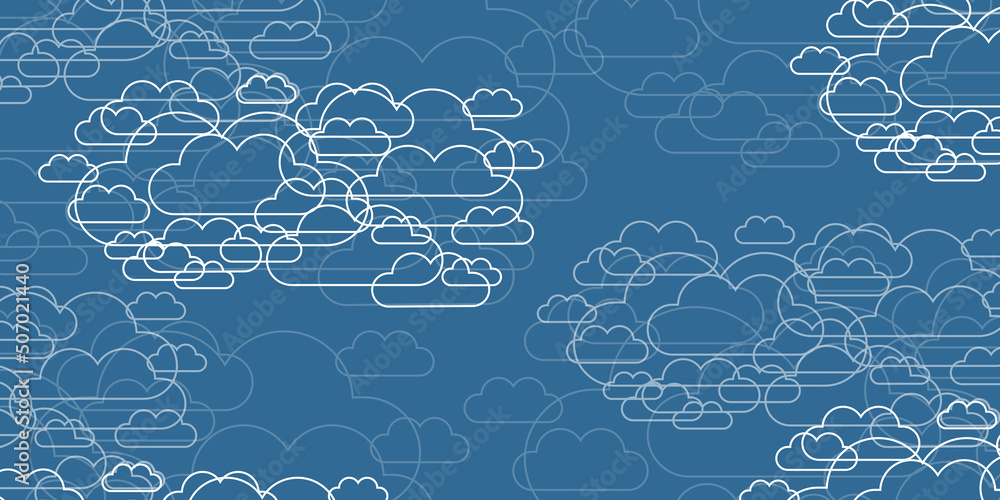 Poster clusters of white round overlaying cloud silhouettes, outline shapes pattern, design on blue backgro