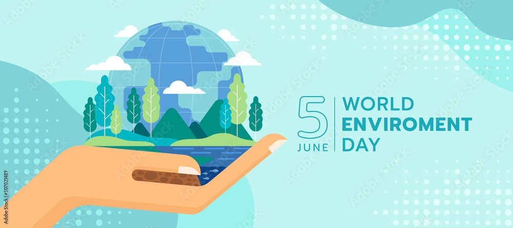 Poster world environment day - hand hold the environment on earth consists of water, tree, mountains and bi
