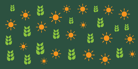 Lots of Suns and Green Plant Symbols of Various Sizes - Vintage Style Texture, Natural Pattern Background, Design Element in Editable Vector Format