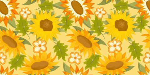 Sunflower seamless pattern with flower, leaf. Cartoon yellow illustration. Floral seamless pattern. Summer bright floral design. Vector illustration.