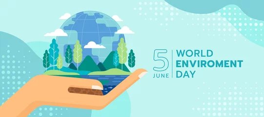 Poster world environment day - hand hold the environment on earth consists of water, tree, mountains and big globe on abstract curve and dot texture background vector design © ananaline