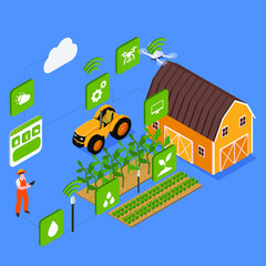 Fototapeta premium Farmer managing his industrial farm with a mobile app on his table isometric 3d vector illustration concept for banner, website, illustration, landing page, flyer, etc.