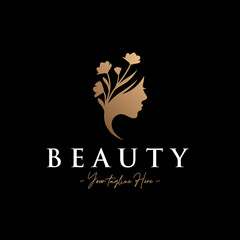 Beauty woman elegant silhouette with flower hair gold logo template