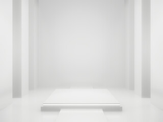 Fototapeta premium 3D White Sci-Fi product stand mockup. Scientific podium with white neon lights.