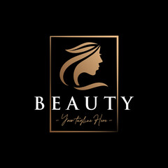 Beauty woman elegant silhouette with rectangle gold logo template