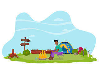 A young guy cooks marshmallows on a campfire. Summertime camping, hiking, camper, adventure time concept. Flat vector illustration for poster, banner, flyer