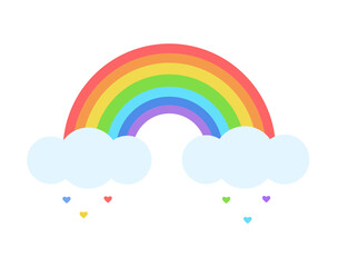 Colorful rainbow and clouds with hearts on white background. Rainbow icon Cartoon style