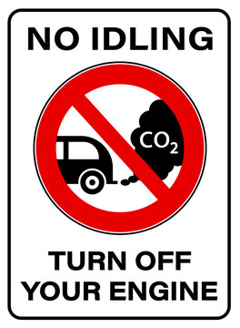 No idling, turn off engine. Prohibition sign with car silhouette and carbon monoxide symbol 