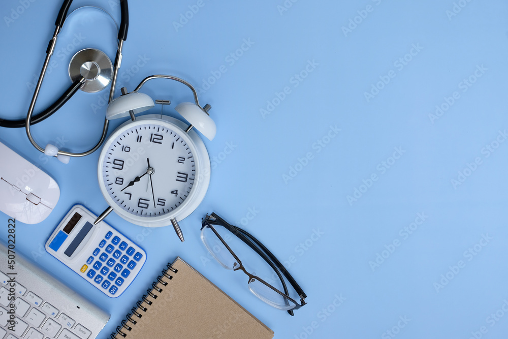 Poster mockup of a workspace desk in a flat lay top view. image of a workspace with a laptop, smartphone, c