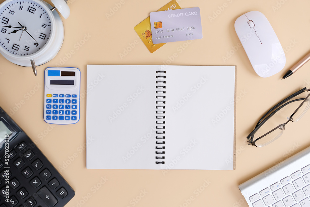 Poster office desk with smartphone, laptop computer, cup of coffee, and office tools. flat lay, top view wi