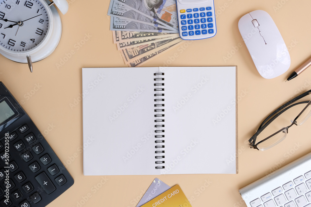 Aufkleber office desk table with smartphone, laptop computer, cup of coffee and supplies. top view with copy s