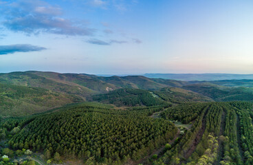 Fototapeta premium Panorama of a view from a height of the meadows and slopes of the Balkan Mountains under daylight in Bulgaria