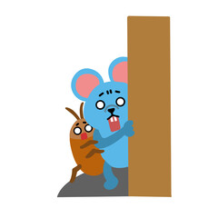 ネズミとゴキブリ　壁から覗く　怖がっている表情