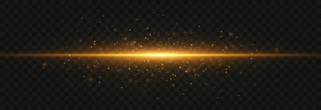 Flash light with fairy dust sparks and golden stars shine. Dusty shine light. Gold glowing light explodes on png background. Transparent shining sun, bright flash. Vector light on png.