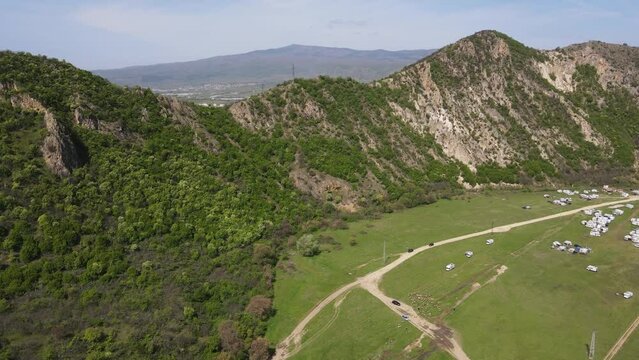 Aerial Spring view of Kozhuh Mountain and Petrich valley, Bulgaria