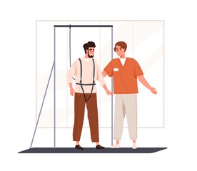 Rehabilitation of patient with disability. Physiotherapist teaching to walk, man in support equipment learning, relearning after injury. Flat vector illustration isolated on white background