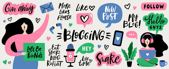 Blogging design elements set. Blogger girl creating content for social media. Creative phrases, buttons for blog posts.