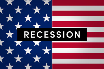 Recession is a business cycle contraction when there is a general decline in economic activity. Word Recession on american flag background