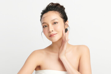 Beautiful young asian woman with clean fresh skin on white background, Face care, Facial treatment,...