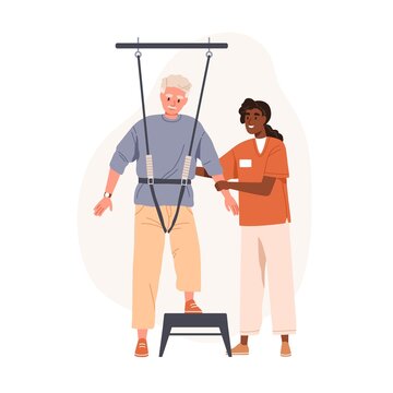 Elderly Person Learning, Relearning To Walk With Physiotherapy Equipment At Rehab Therapy. Physiotherapist Teaching Aged Patient With Disability. Flat Vector Illustration Isolated On White Background