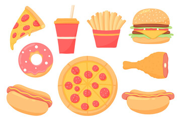 Fast food set. Collection of street food. Pizza, burger, hot dog, french fries, donut, drink.