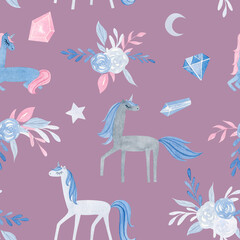 Hand drawing watercolor children's pattern with cute unicorn, flowers , diamonds