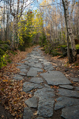 Mountain hiking trail during the fall season. Sunny day.