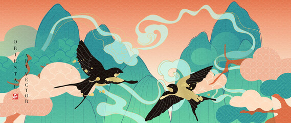 Luxury mountain oriental background vector. Chinese and Japanese oriental line art with hills, sea waves, magpie, birds. Elegant mountain landscape illustration design for wall art, wallpaper.