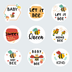 Printable sticker pack with bee for newborn. Cute Bees for birthday party. Honeybee with flowers for Baby shower. Bumblebee is flying, newborn invitation. Text with funny Bumble.