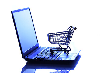 Online shopping e-commerce shopping cart with notebook