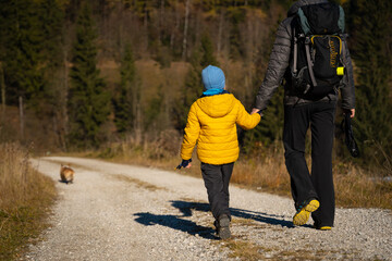 A mother with a child and a dog are walking along the mountain hiking trail. Family spending time.