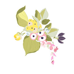 Digital floral bouquet of greenery, flowers. Hand painted set of green leaf, summer blossom, abstarct fruit isolated on white background. Botanical illustration for design, print, wedding card