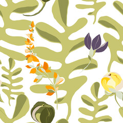 Digital floral seamless pattern - greenery, flowers. Hand painted green leaf, pastel blossom, fruit with abstact shapes isolated on white background. illustration for design, print, scrapbook paper