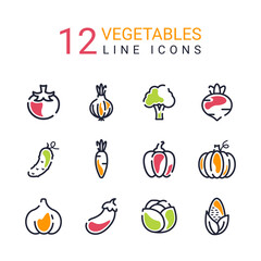 12 vegetable color line icons. Vegetable icons. Set of icons. Vegetables. Vegetarians. Healthy food. Colored icons.	