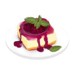 Illustration of the famous dessert of Italian cuisine Panna Cotta with blueberry mint currant berry sauce in delicate red-pink coral purple and green tones on a plate