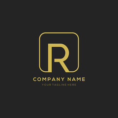 Initial letter R logo design vector dark concept with golden square element. R letter logo design.