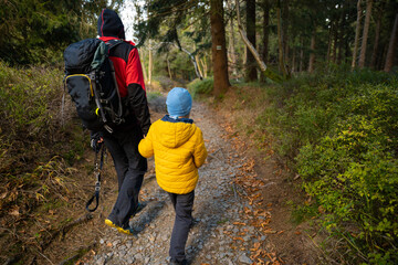 A mother with a child and a dog are walking along the mountain hiking trail. Family spending time.