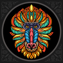 Colorful mandril head zentangle arts. isolated on black background.