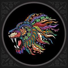 Colorful lion head zentangle arts. isolated on black background.