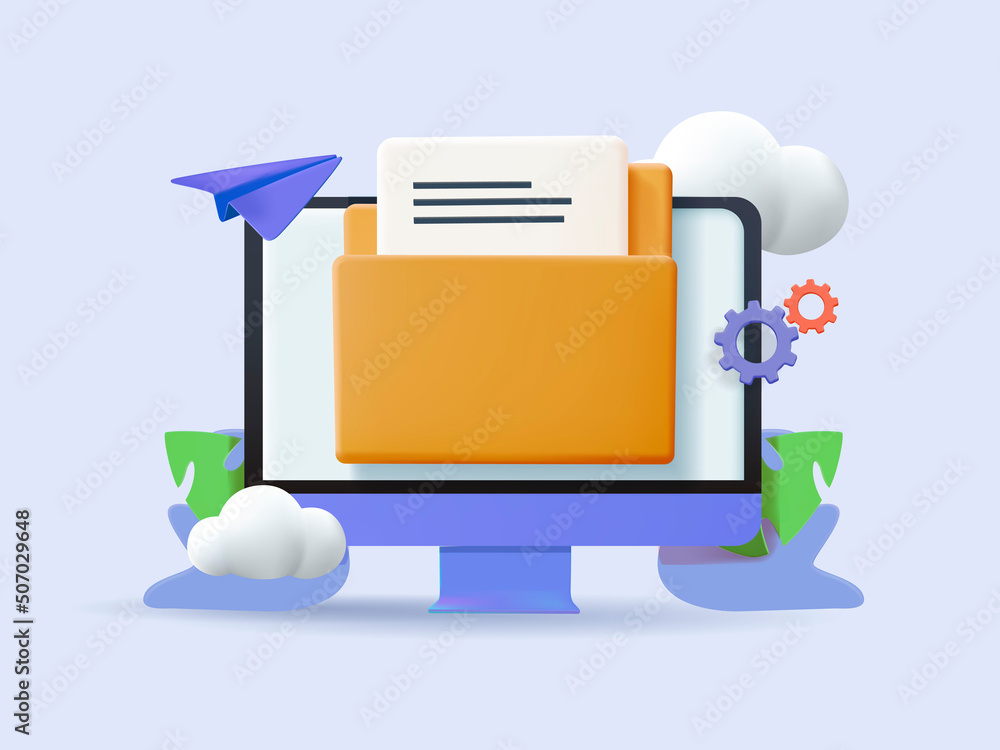 Poster yellow folder with files. file transfer concept. yellow folder with document on computer monitor. 3d