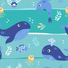 Papier Peint photo Lavable Baleine Motif marin harmonieux avec baleines bleues et dauphins, poissons, méduses sur fond émeraude avec algues et perles. Illustration vectorielle avec des animaux marins pour le design, la décoration, le papier peint, l& 39 emballage.