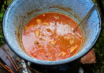 Stew pot outdoor goulash in it