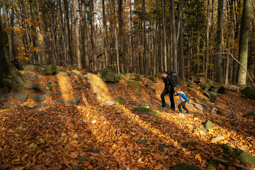Fototapeta premium Mum and child are walking along the mountain hiking trail. Family spending time.
